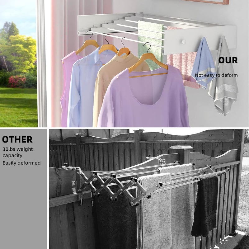 ZMBESUP Upgrade Laundry Drying Rack, 31.5" Drying Rack Clothing Wall Mounted,Foldable, 5 Aluminum Rods with 6 Hooks, Space-Saving White Collapsible Drying Racks Hanger for Laundry Bathroom - Image 3